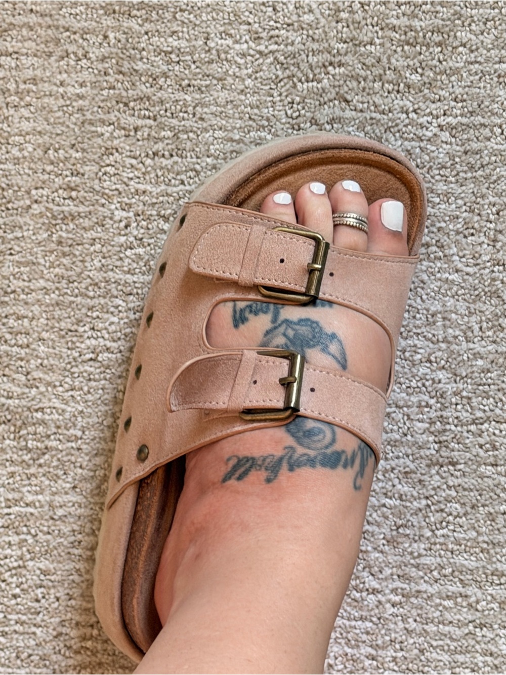Women’s Double-Buckle Suede Slide Sandal in Nude